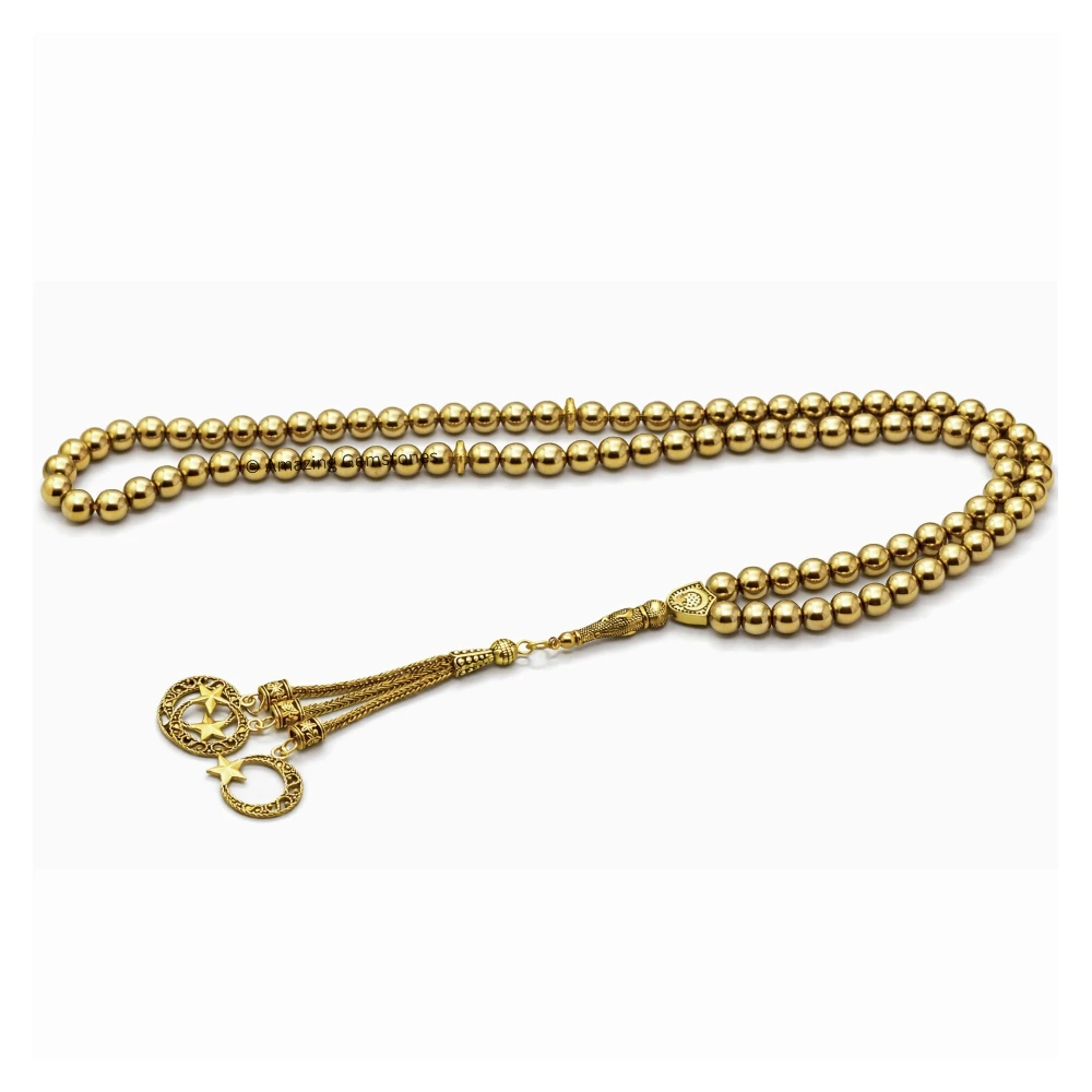 Golden Hematite Crystal Tasbeeh Sibha Prayer Beads (Gold)