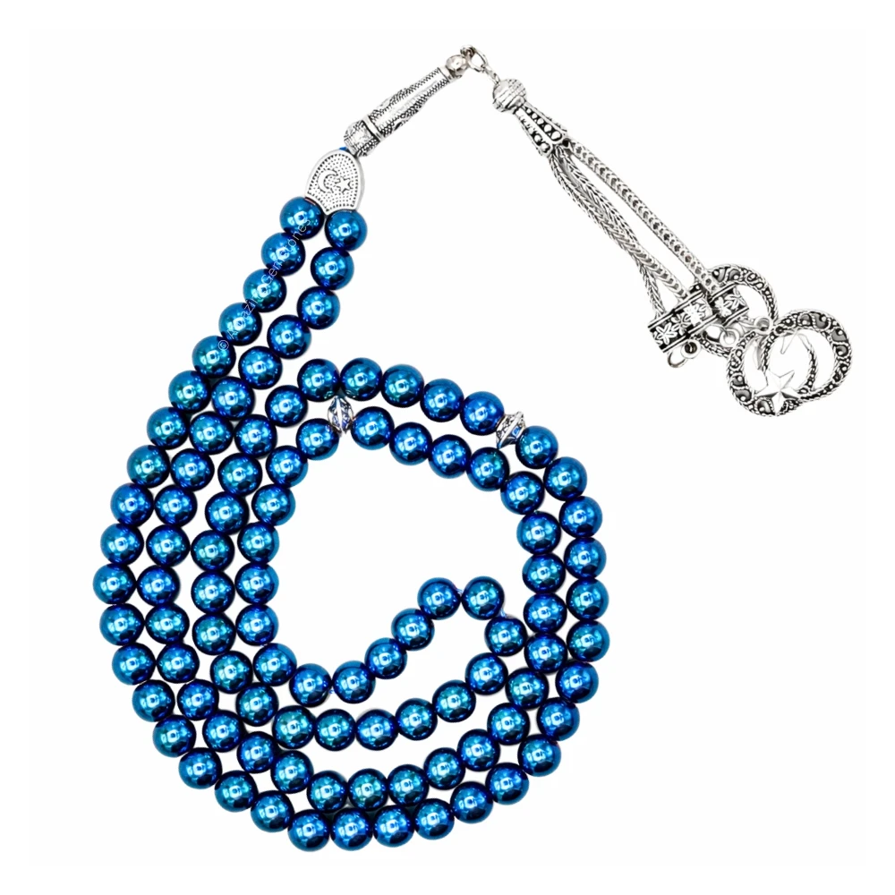 Blue Hematite Crystal Tasbeeh Sibha Prayer Beads (Silver)