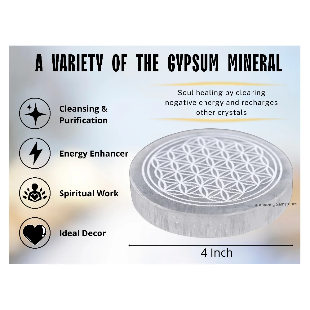 Selenite Charging Plate for Crystals - Flower of Life (4 Inch)