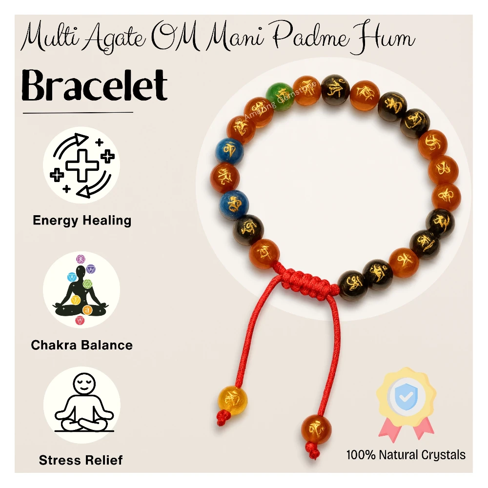 Multi Agate OM Mani Padme-Hum Bracelet (Adjustable)