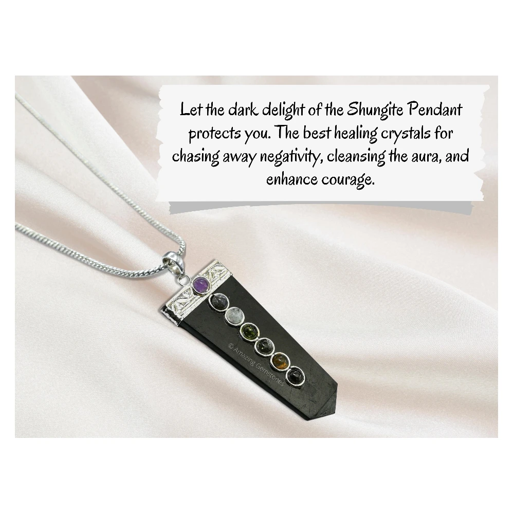 Shungite Necklace - Flat Pencil with 7 Chakra