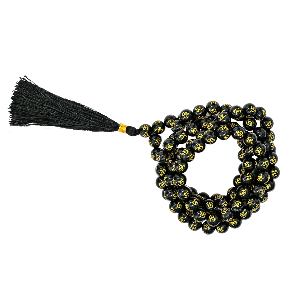 Black Agate Mala (Om) (Without Knot)