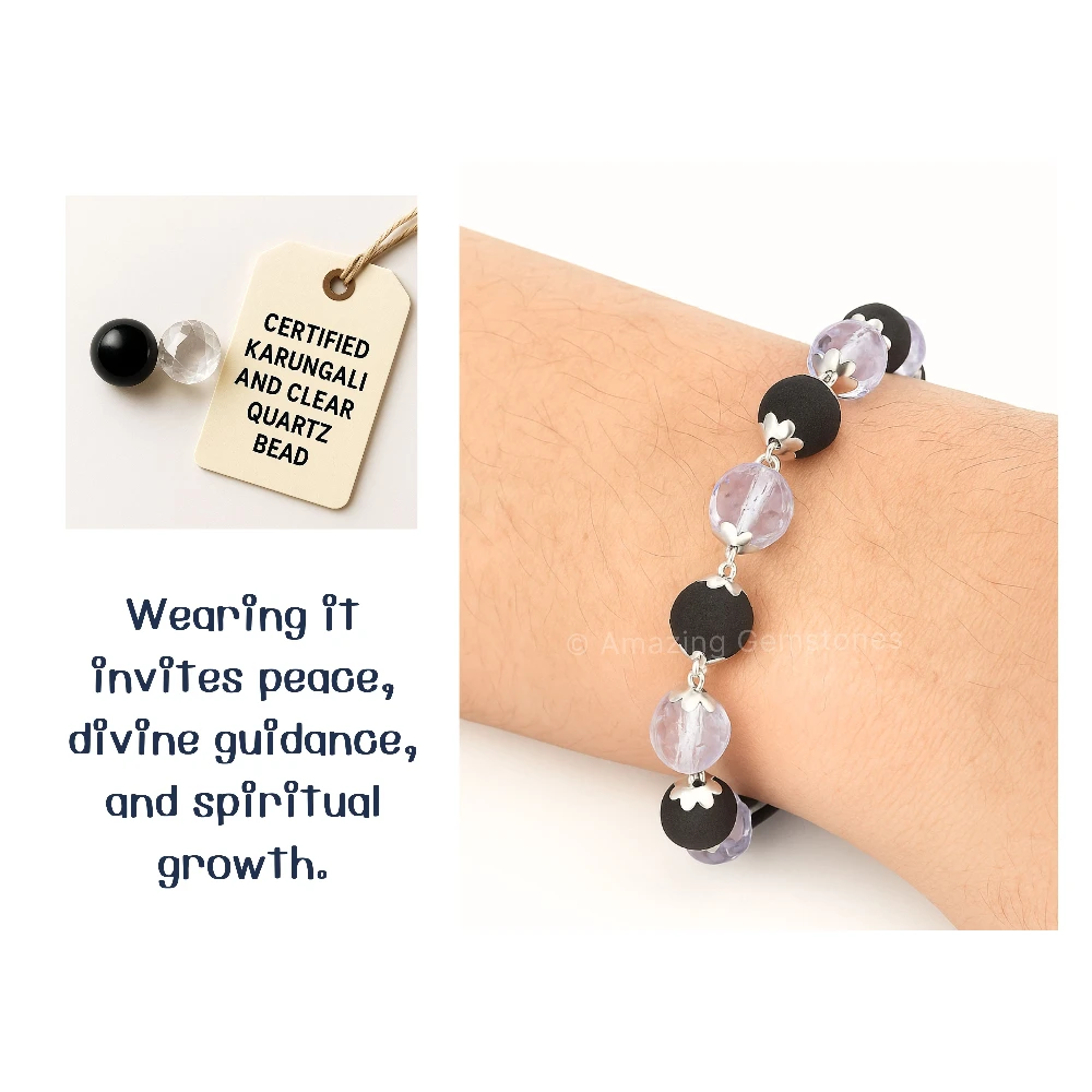 Faceted Sphatik Crystal and Karungali Bracelet (Silver Chain)