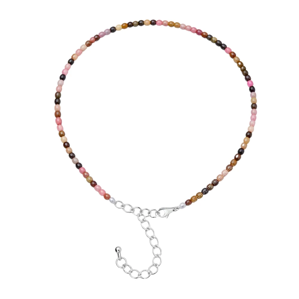 Multi Tourmaline Crystal Anklet - 2mm Faceted Bead (Silver)