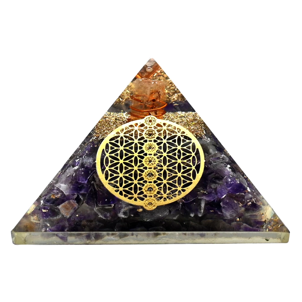 Amethyst Orgone Pyramid - Chakra Flower of Life