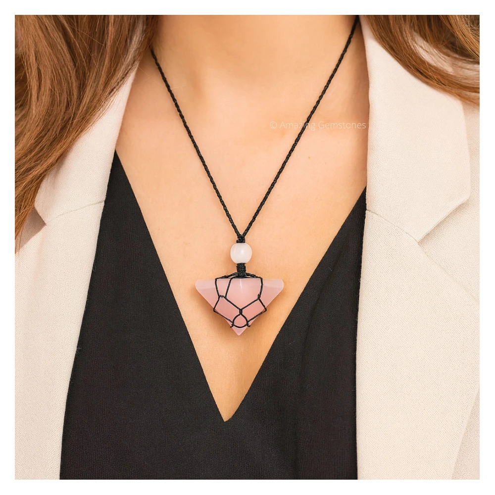 Rose Quartz Pyramid Pendant Necklace (Macrame)