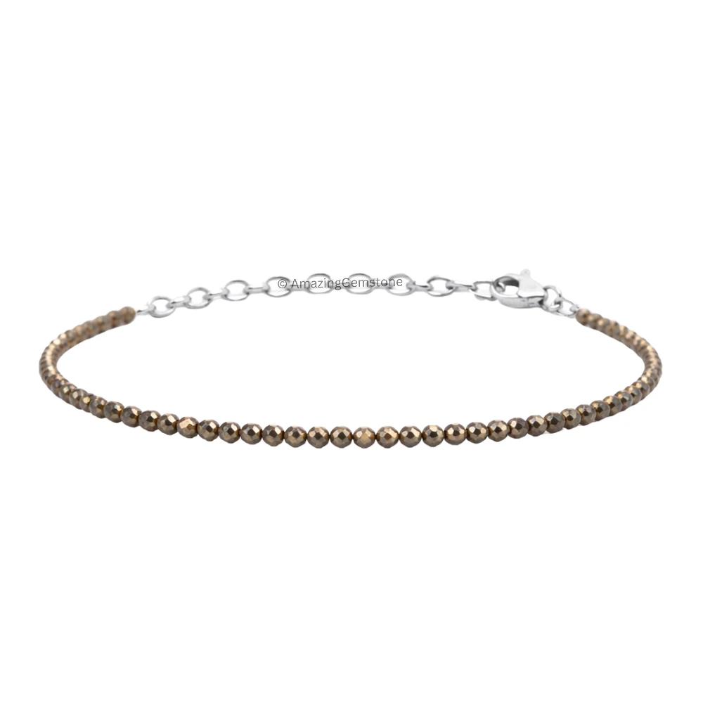 Pyrite Crystal Bracelet - 2mm Faceted Bead (Silver)