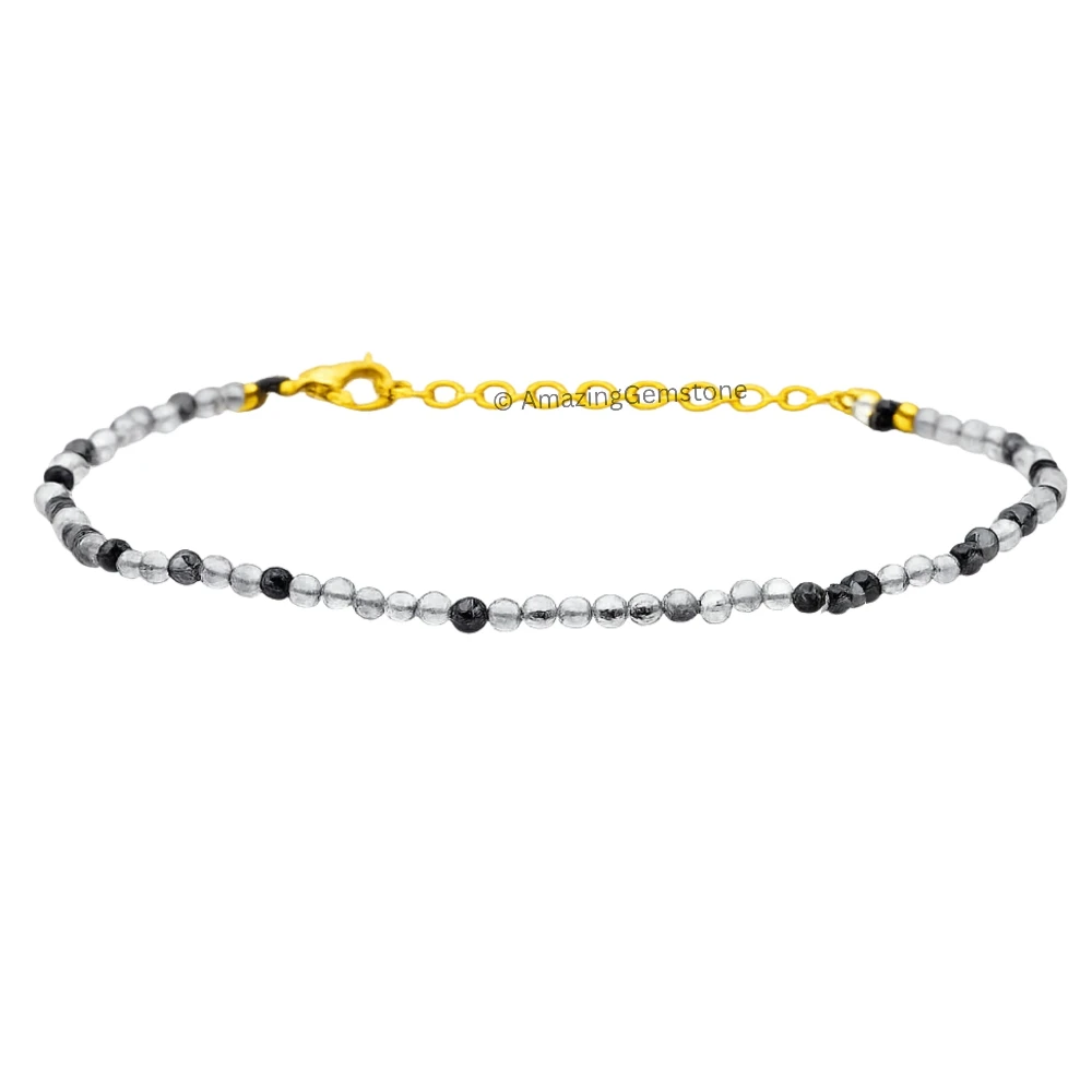 Black Rutilated Quartz Crystal Bracelet - 2mm Faceted Bead (Gold)