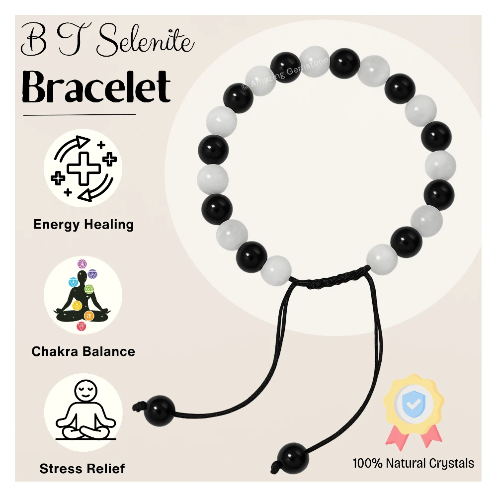 Black Tourmaline Selenite Bracelet 1 by 1 (Adjustable)