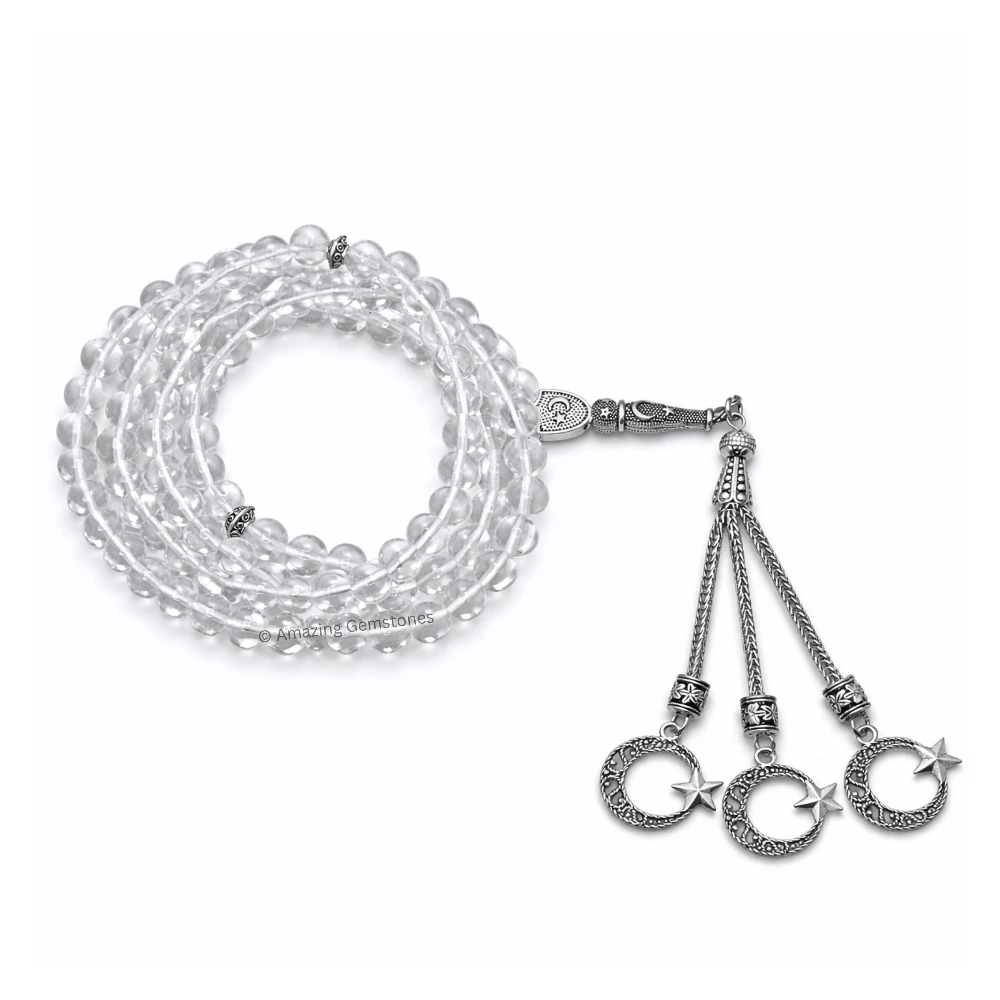 Clear Quartz Crystal Tasbeeh Sibha Prayer Beads (Silver)