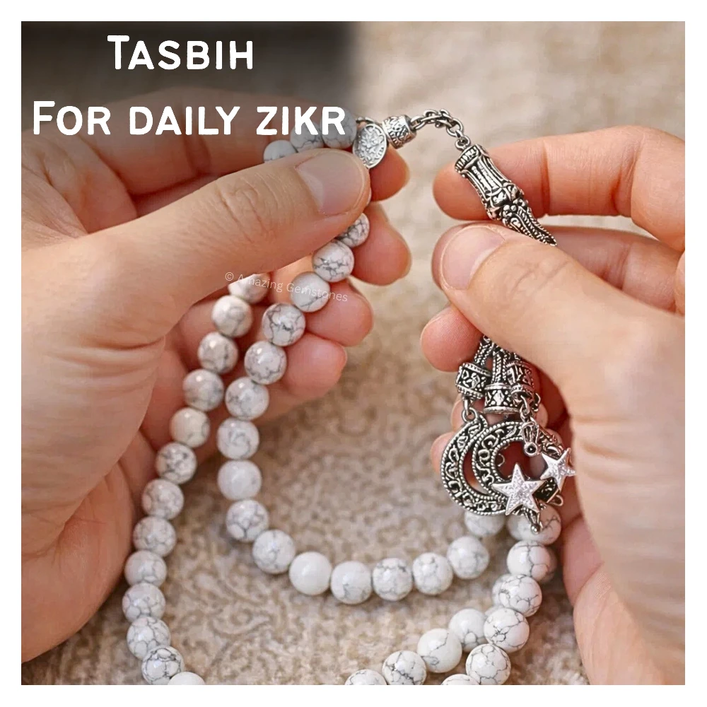 Howlite Crystal Tasbeeh Sibha Prayer Beads (Silver)