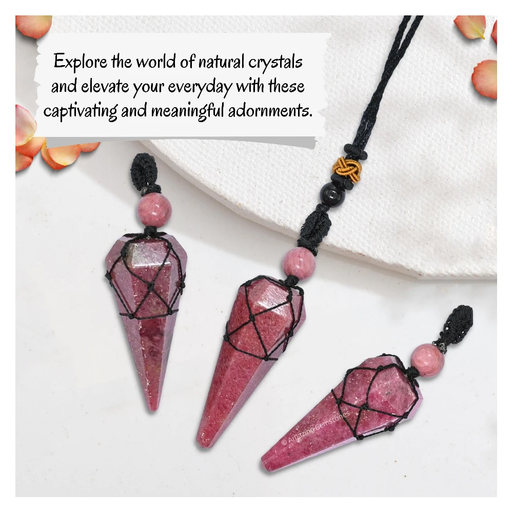 Pink Rhodonite Pendulum Pendant Necklace (Macrame)
