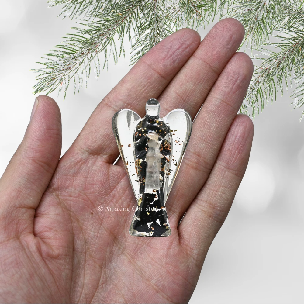 Selenite Black Tourmaline Orgone Angel Figurine (2 Inch)