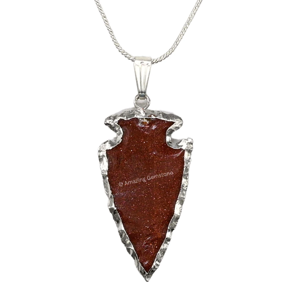 Red Goldstone Arrowhead Pendant - Silver Plated