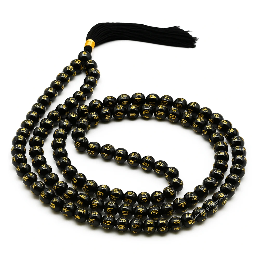 Black Agate Mala (Om Mani Padme Hum) (Without Knot)