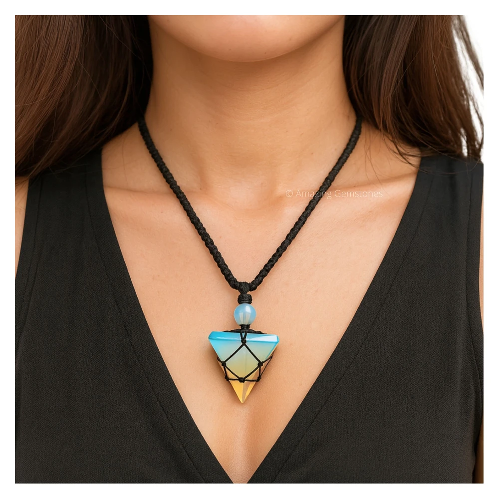 Opalite Pyramid Pendant Necklace (Macrame)