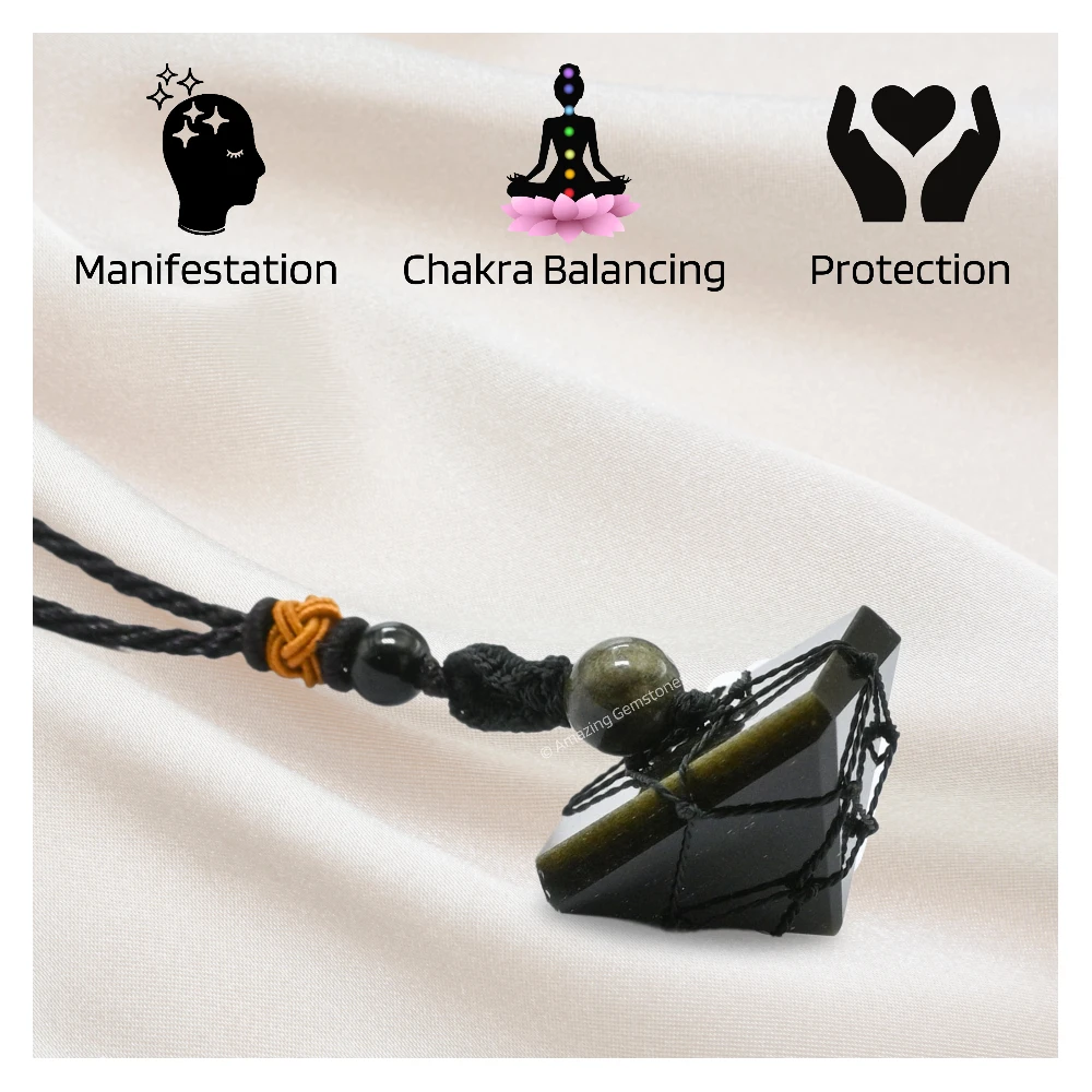 Golden Sheen Obsidian Pyramid Pendant Necklace (Macrame)