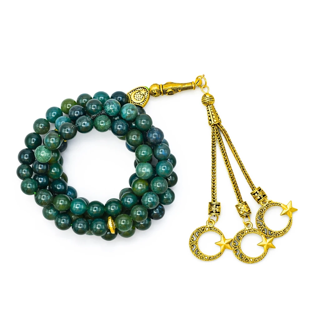Moss Agate Crystal Tasbeeh Sibha Prayer Beads (Gold)