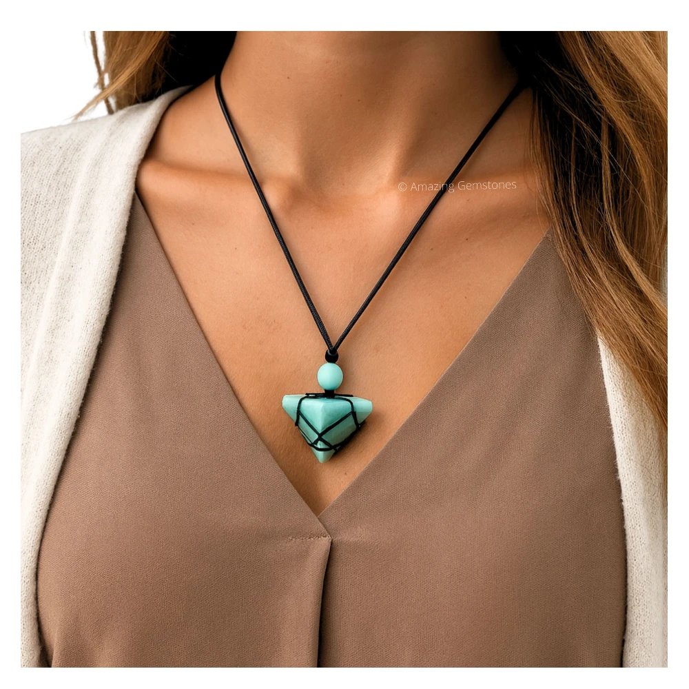Amazonite Pyramid Pendant Necklace (Macrame)