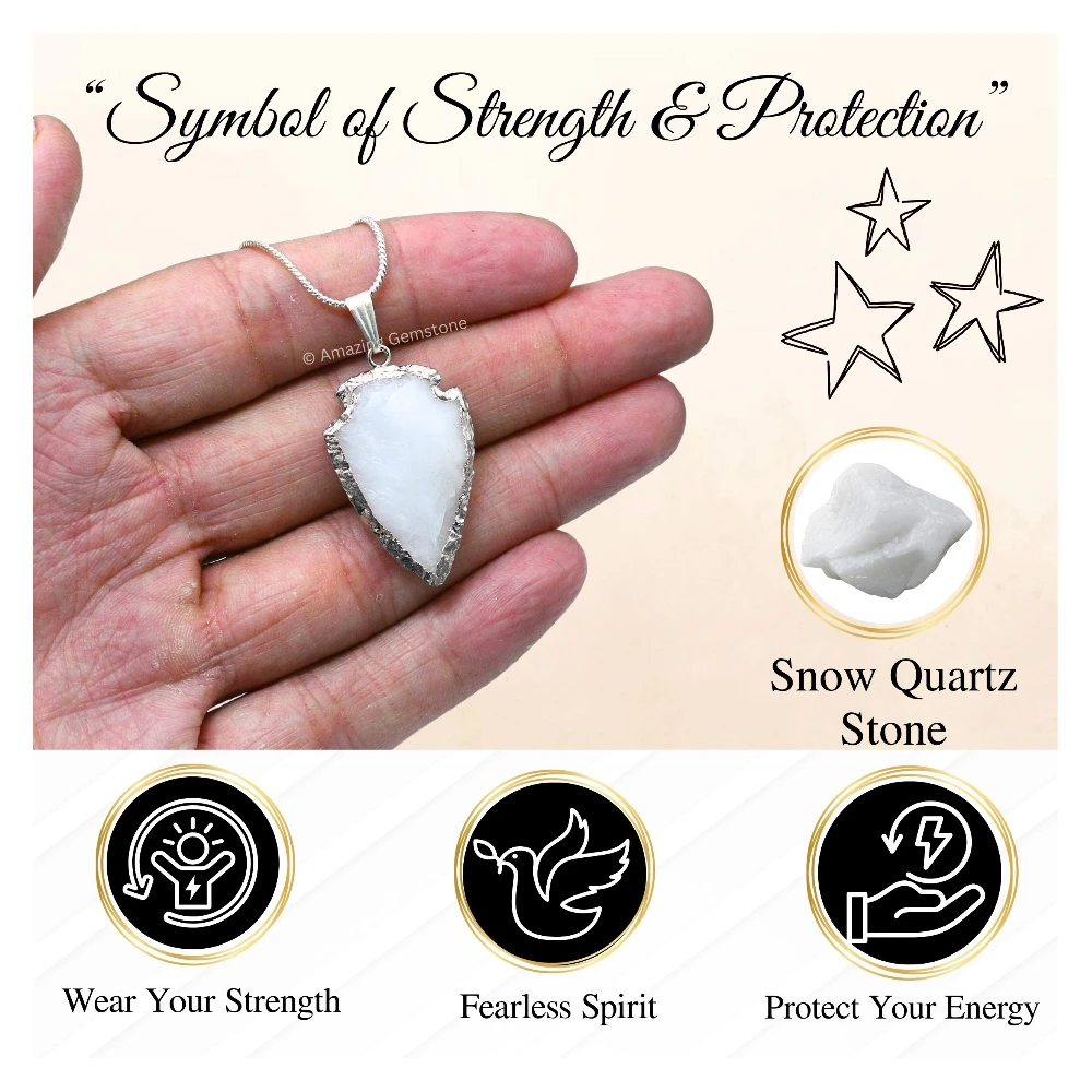 Snow Quartz Arrowhead Pendant - Silver Plated