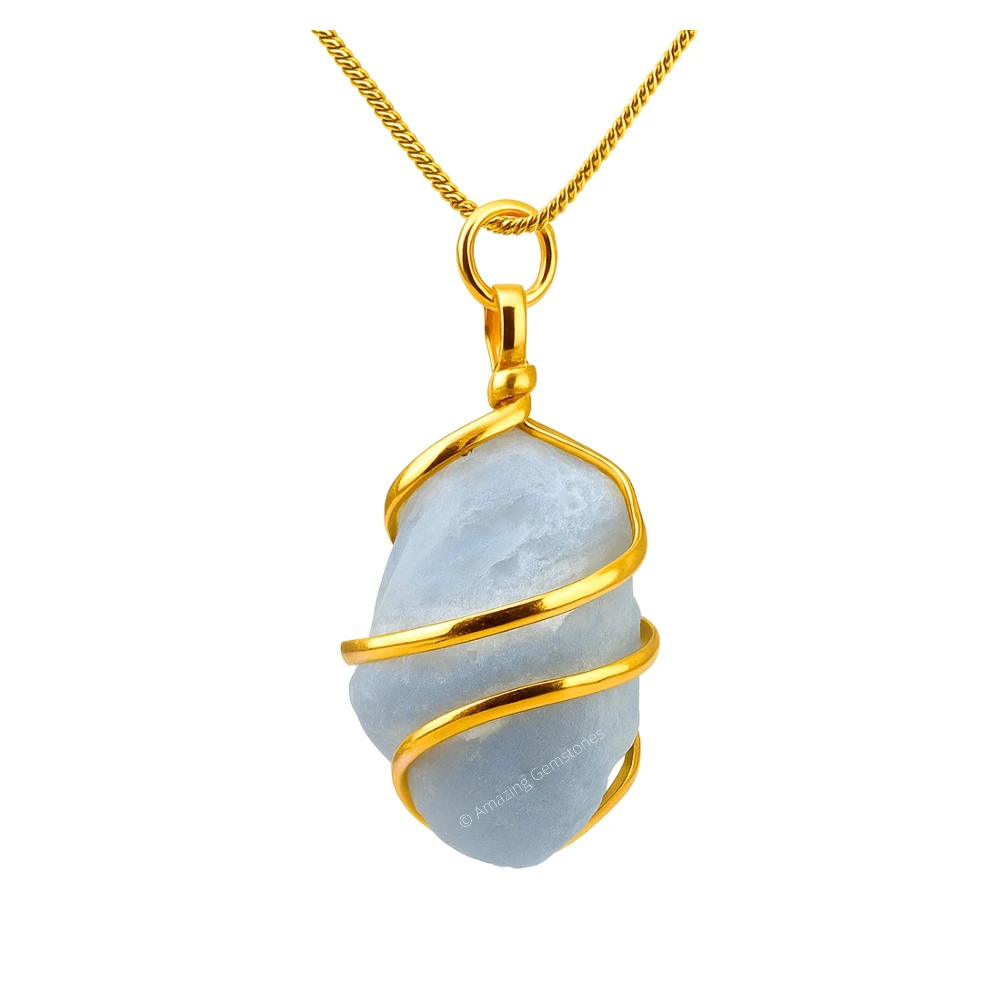 Blue Calcite Necklace - Raw Crystal (Gold)
