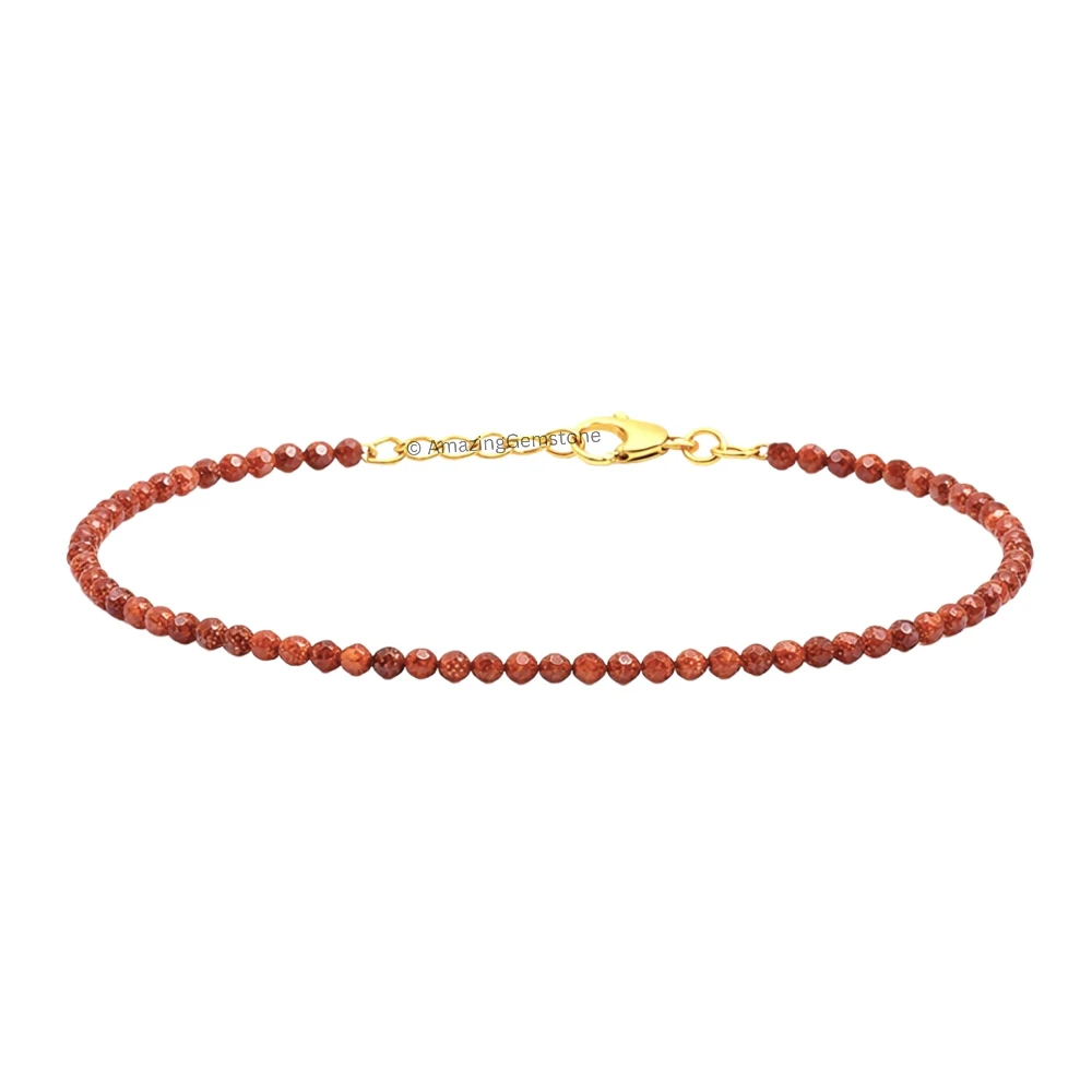 Red Goldstone Crystal Bracelet - 2mm Faceted Bead (Gold)