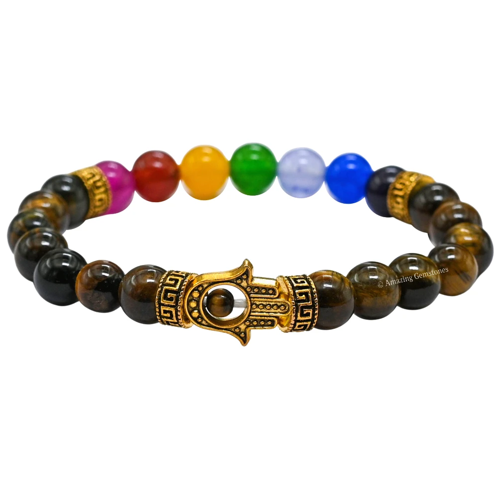 Tiger Eye Hamsa Chakra Bracelet (Strechable)