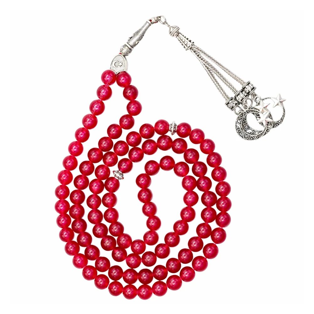 Ruby Jade (Dye) Crystal Tasbeeh Sibha Prayer Beads (Silver)