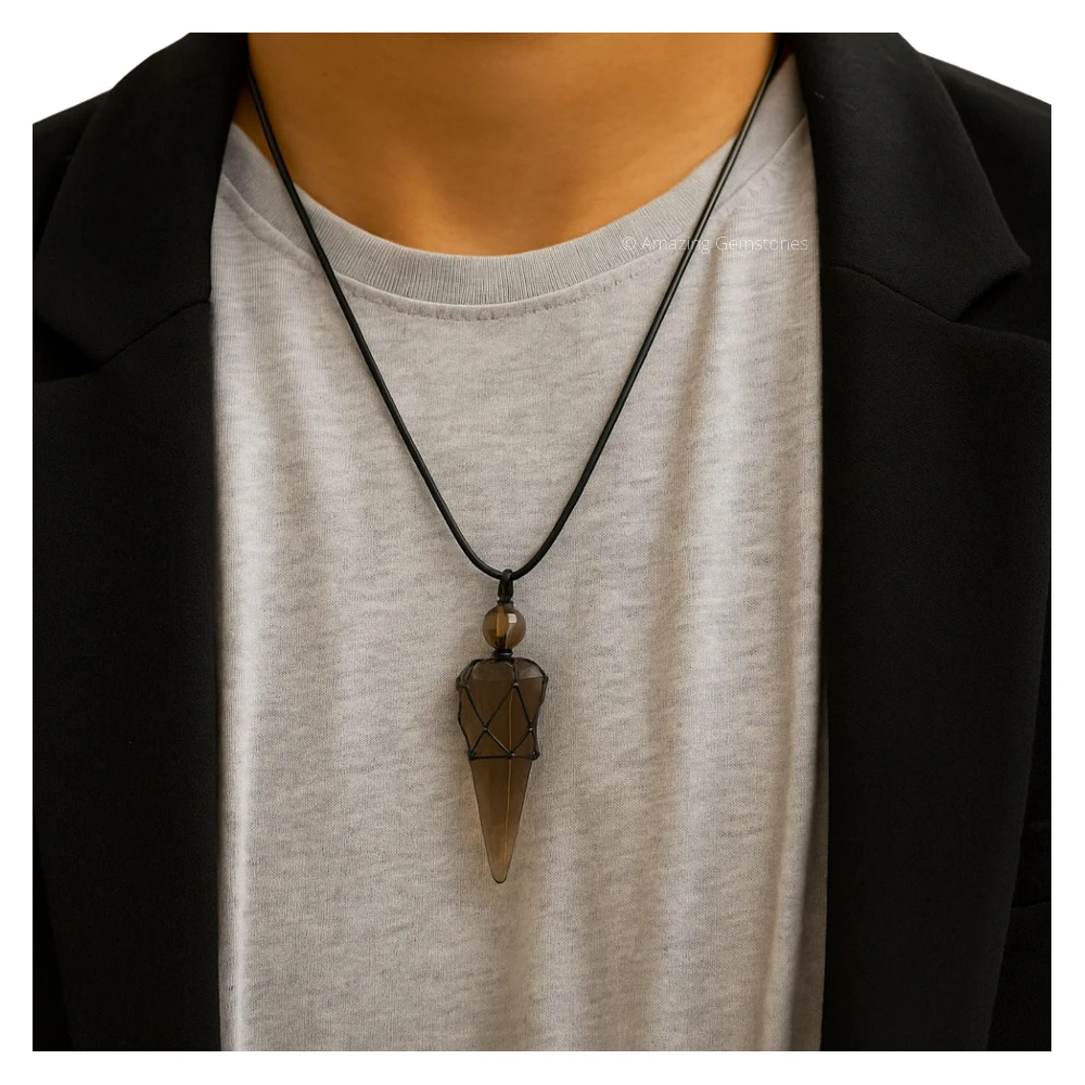Smoky Quartz Pendulum Pendant Necklace (Macrame)