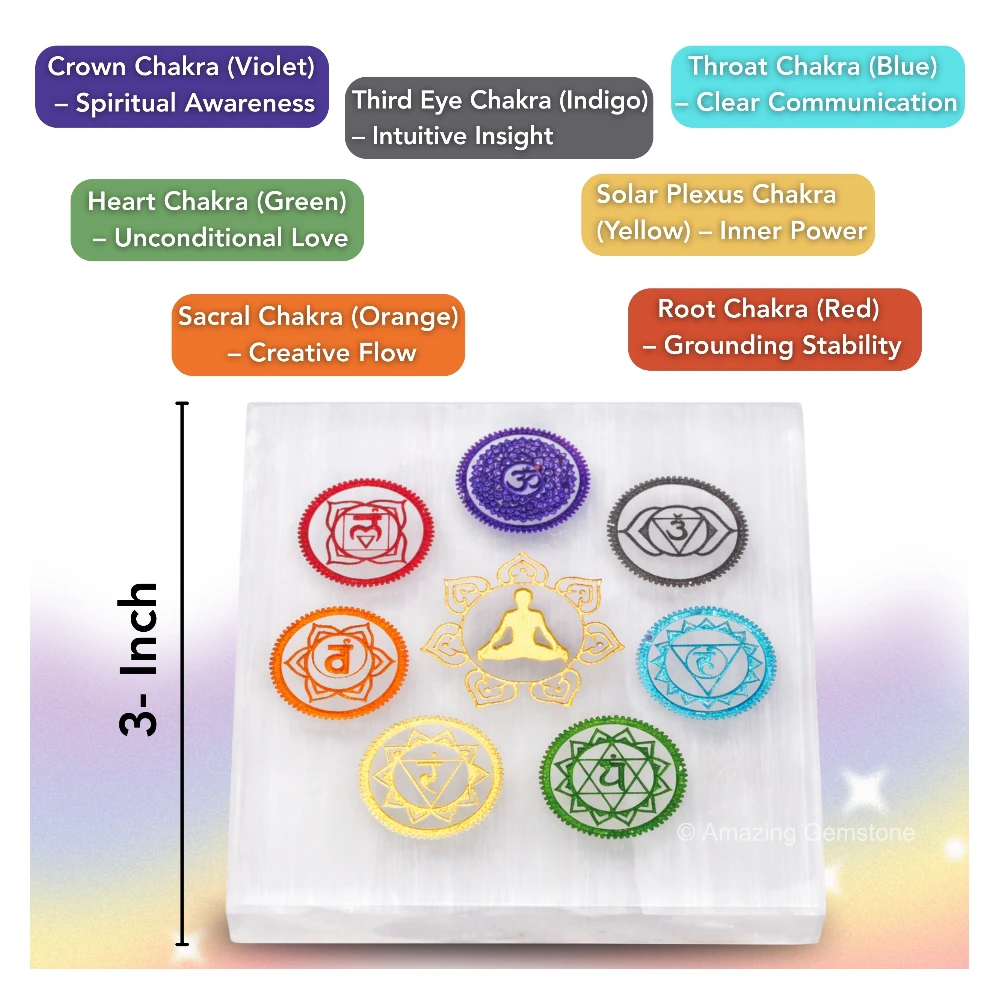 Selenite Charging Plate - 7 Chakra (Square) (3 Inch)