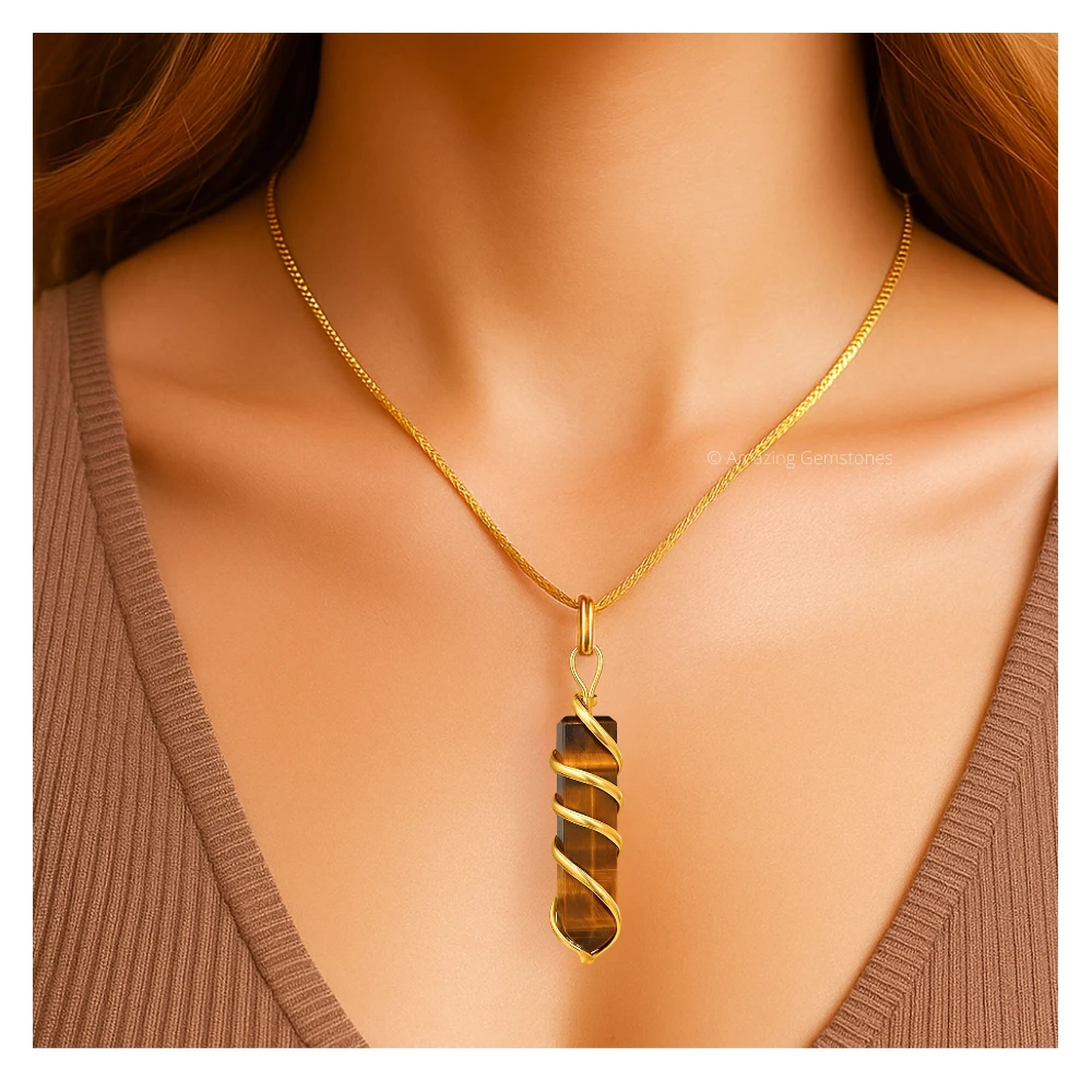 Tiger Eye Necklace - Spiral Pencil Point (Gold)