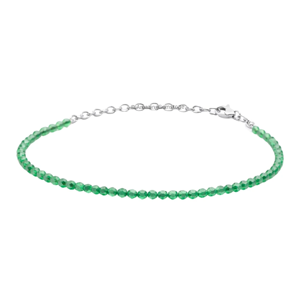Green Onyx Crystal Bracelet - 2mm Faceted Bead (Silver)