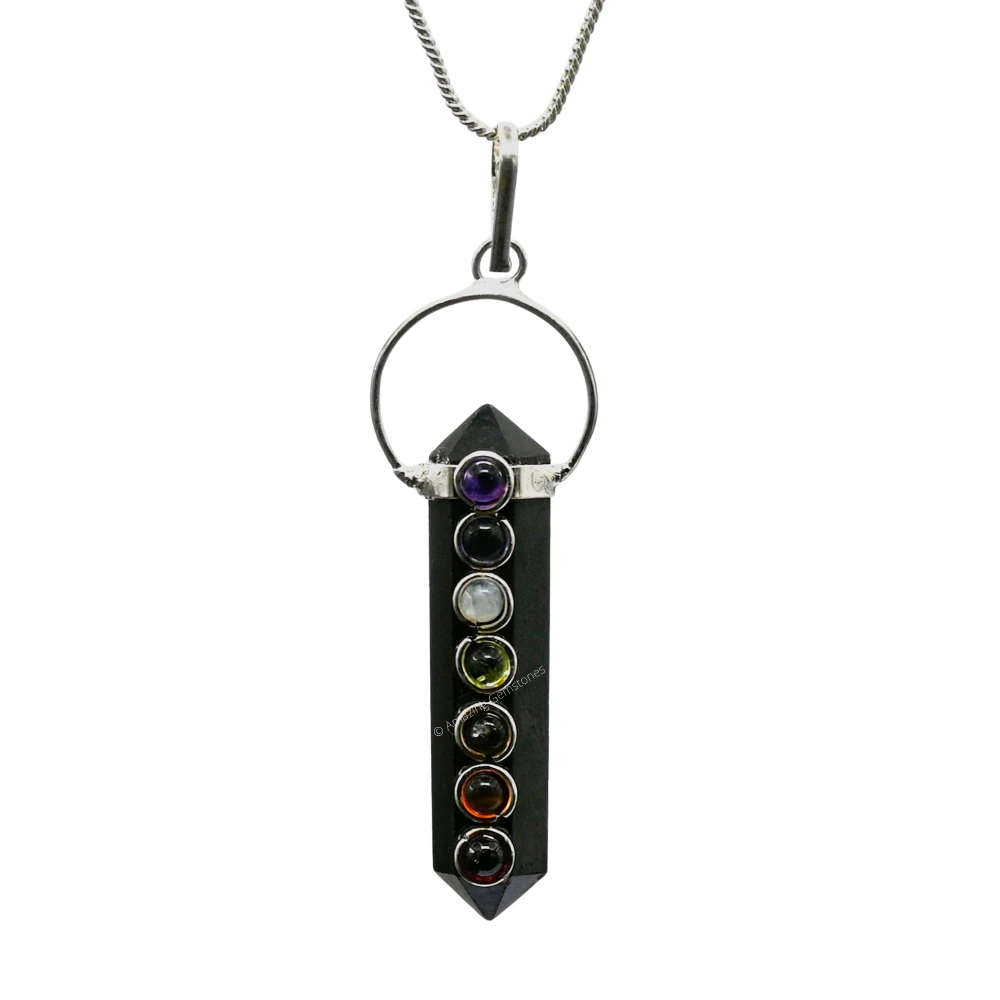 Shungite Necklace - Double Pointed with 7 Chakra