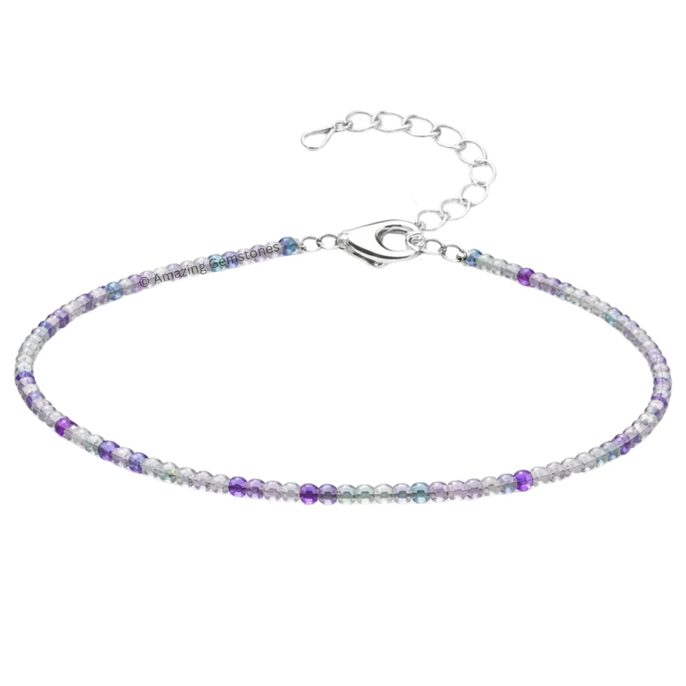 Blue Fluorite Crystal Anklet - 2mm Faceted Bead (Silver)