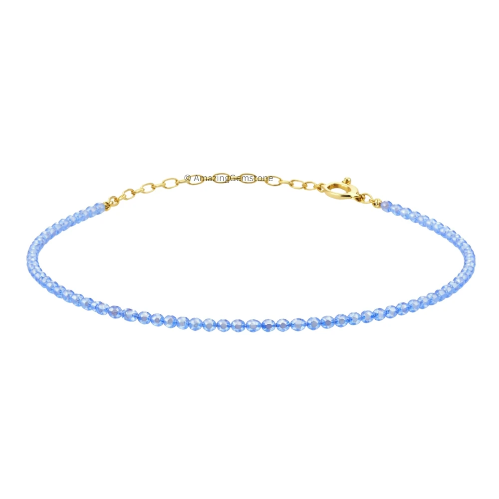 Blue Chalcedony Crystal Bracelet - 2mm Faceted Bead (Gold)