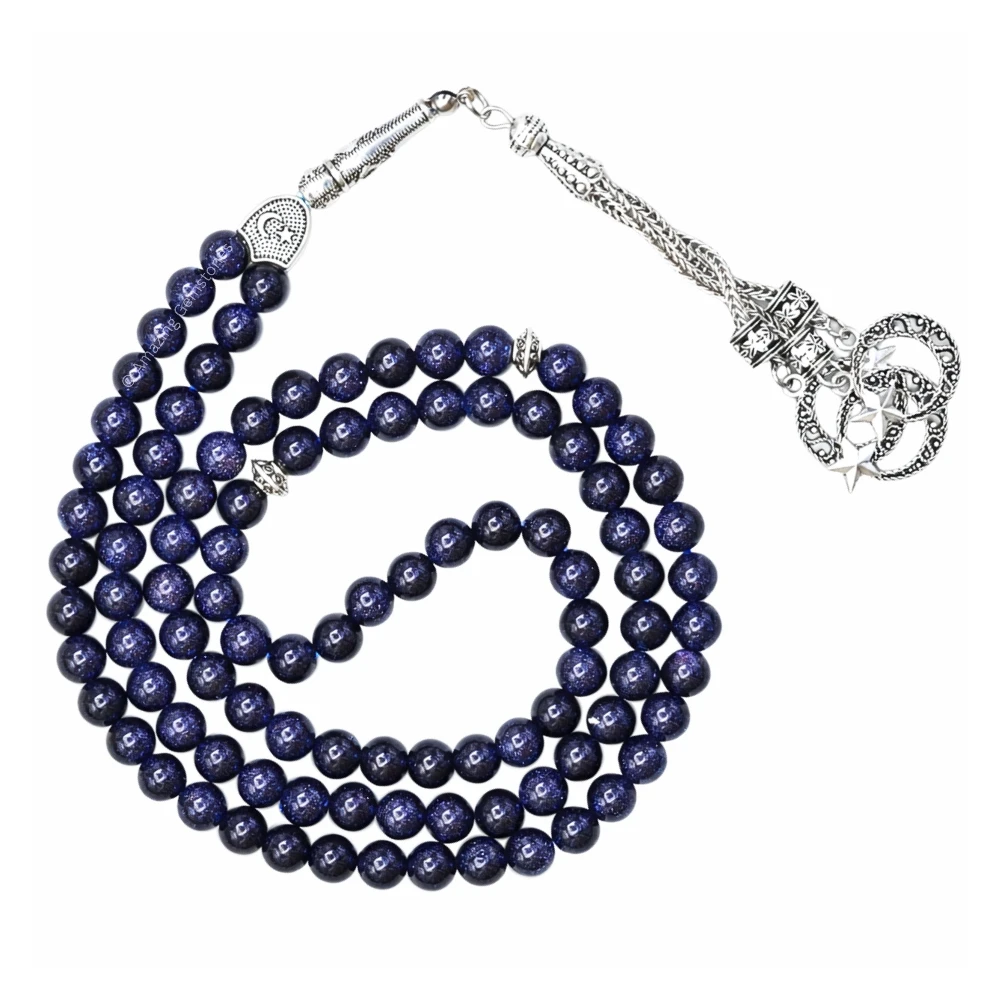 Blue Goldstone Crystal Tasbeeh Sibha Prayer Beads (Silver)