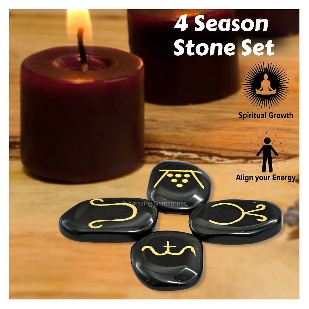 Black Agate Seasonal Pagan Wiccan Engraved Stones (Set of 4)