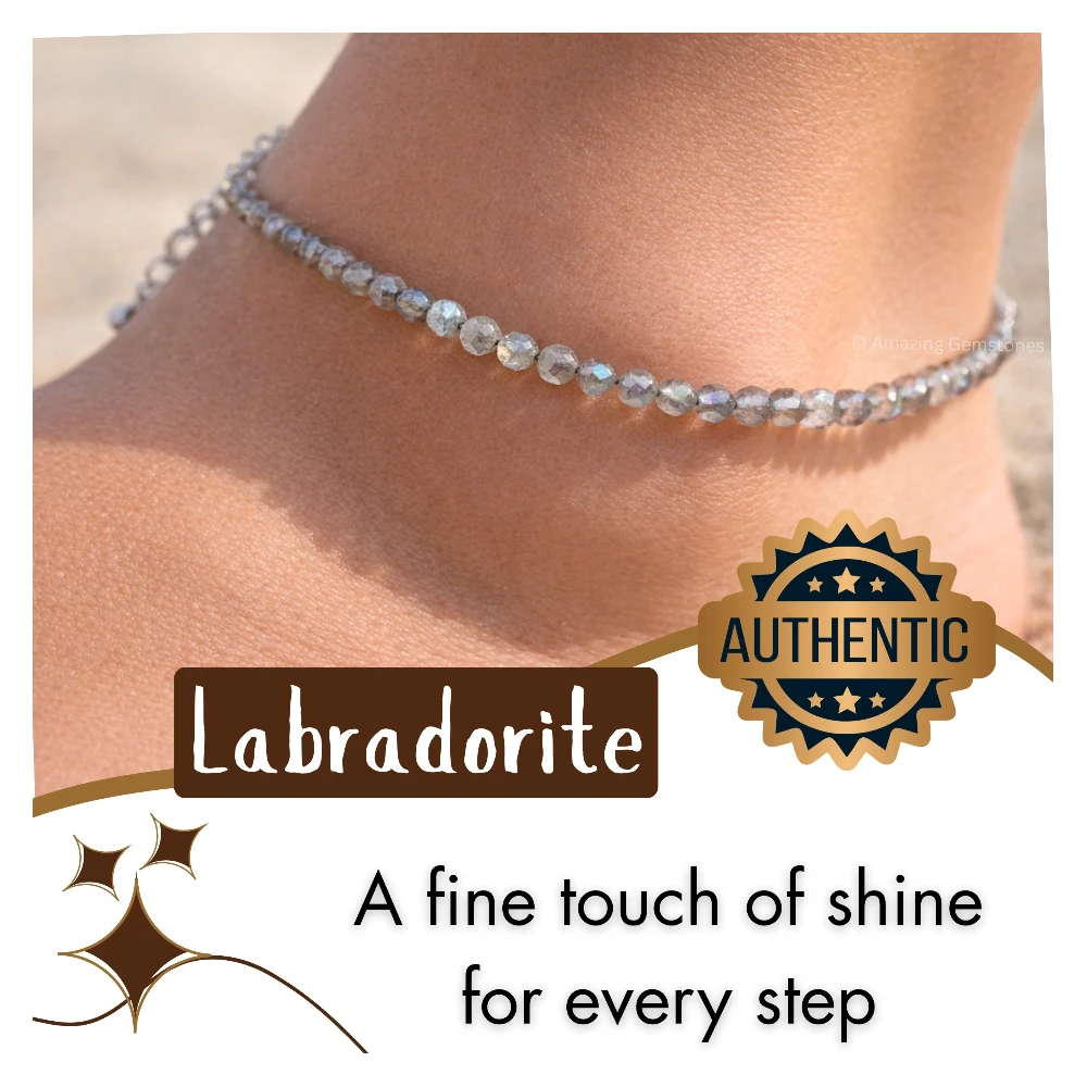 Labradorite Crystal Anklet - 2mm Faceted Bead (Silver)