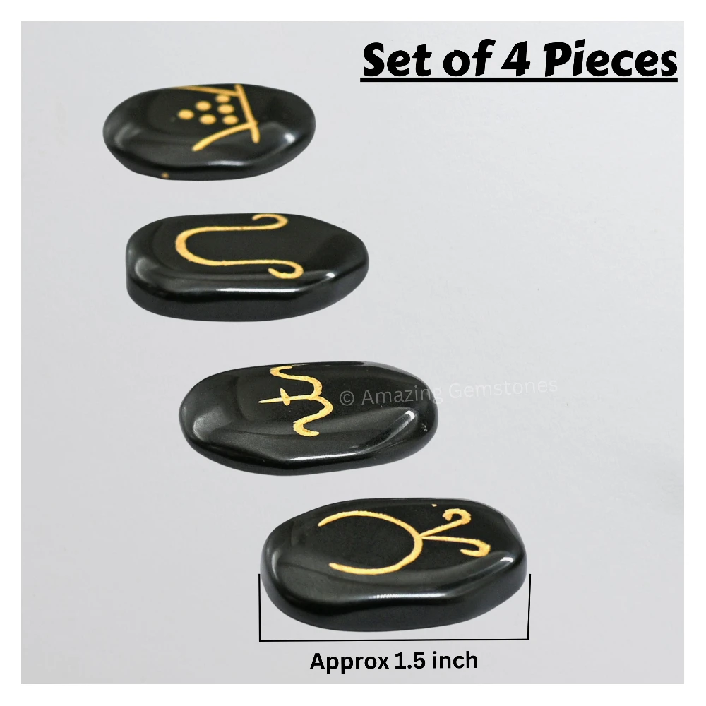Black Agate Seasonal Pagan Wiccan Engraved Stones (Set of 4)
