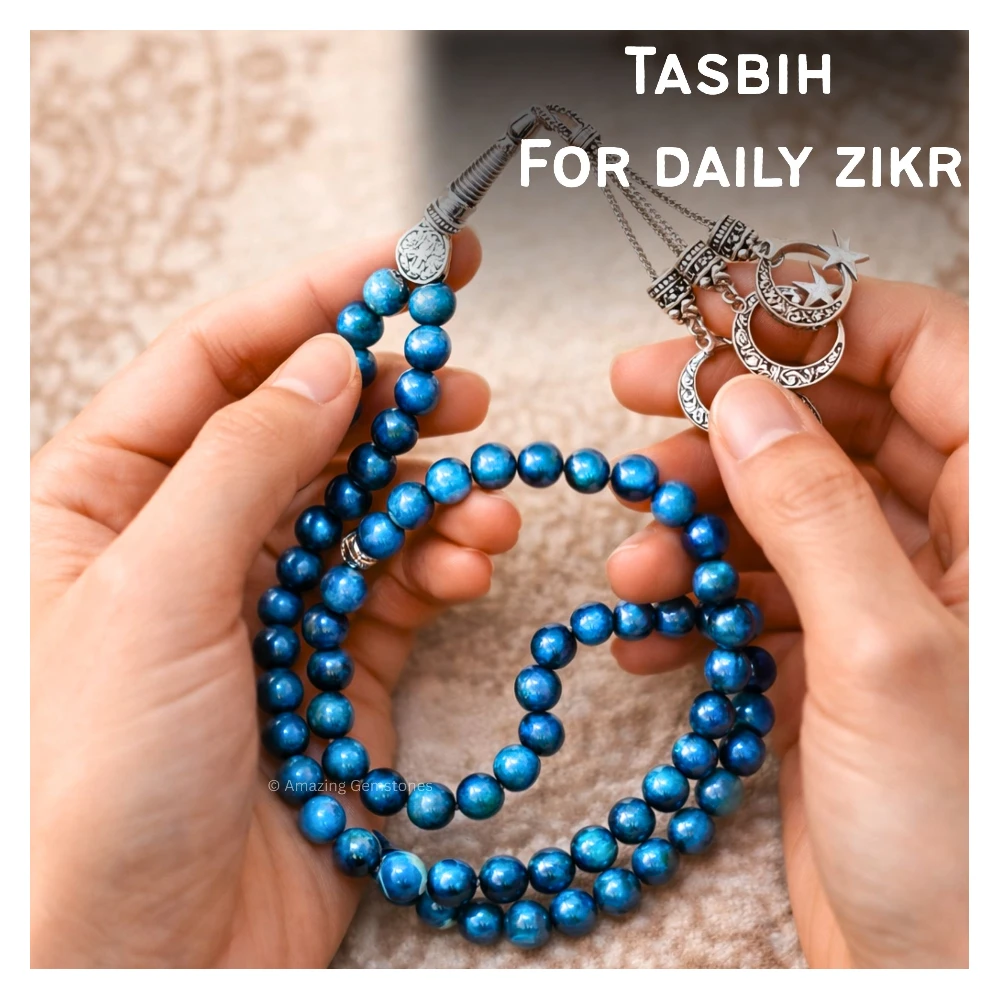 Light Blue Tiger Eye Crystal Tasbeeh Sibha Prayer Beads (Silver)