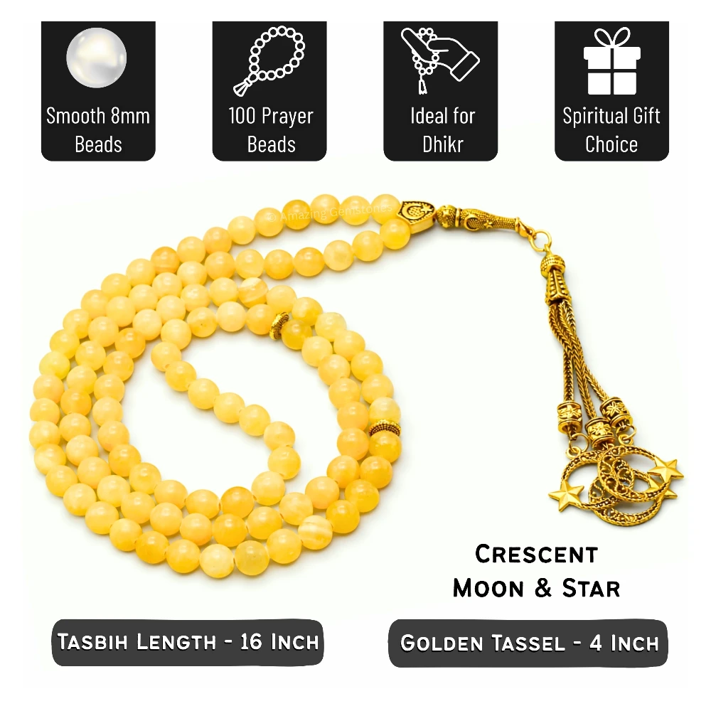 Yellow Calcite Crystal Tasbeeh Sibha Prayer Beads (Gold)
