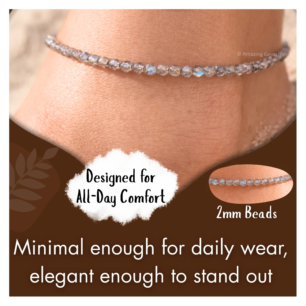 Labradorite Crystal Anklet - 2mm Faceted Bead (Silver)