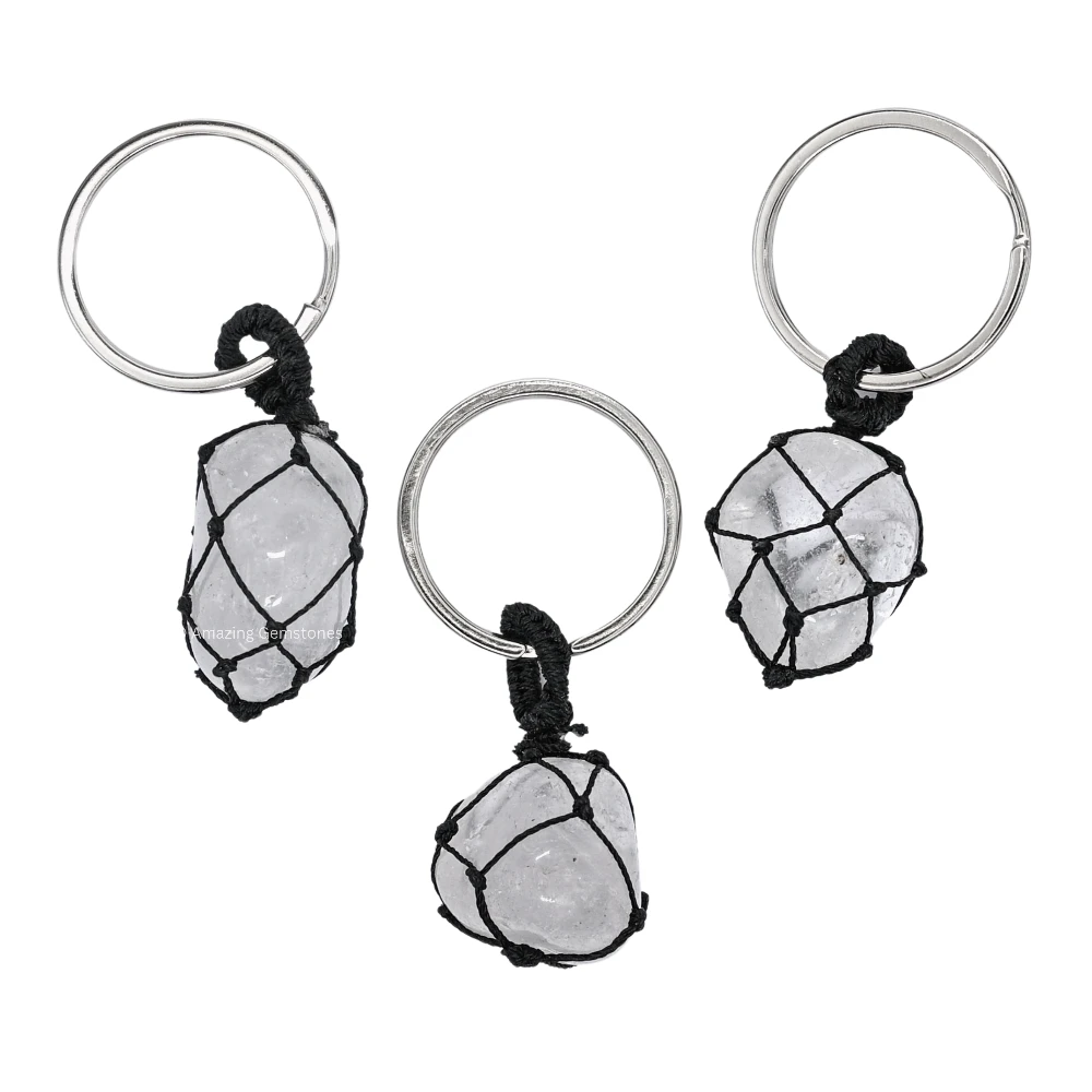 Clear Quartz Keychain Keys Holder (Macrame Tumble)