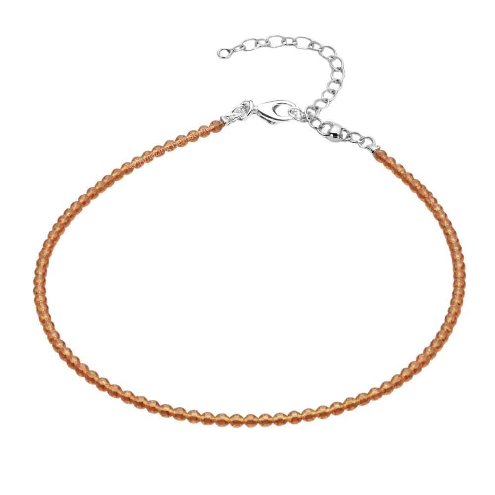 Hessonite Garnet Crystal Anklet - 2mm Faceted Bead (Silver)