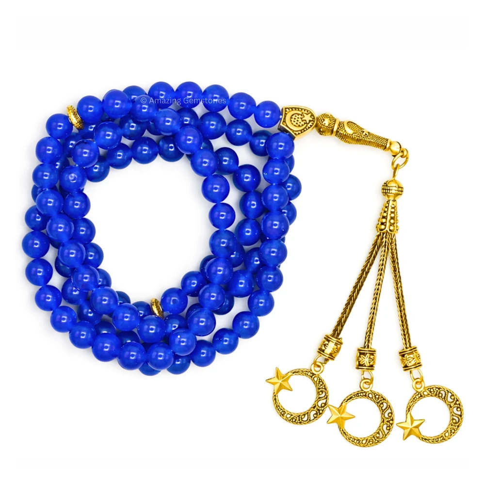 Blue Jade Crystal Tasbeeh Sibha Prayer Beads (Gold)
