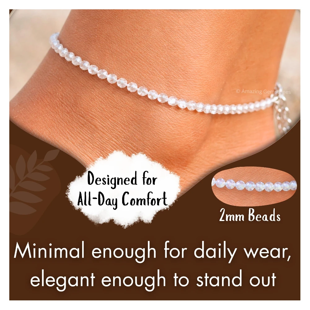 Rainbow Moonstone Crystal Anklet - 2mm Faceted Bead (Silver)