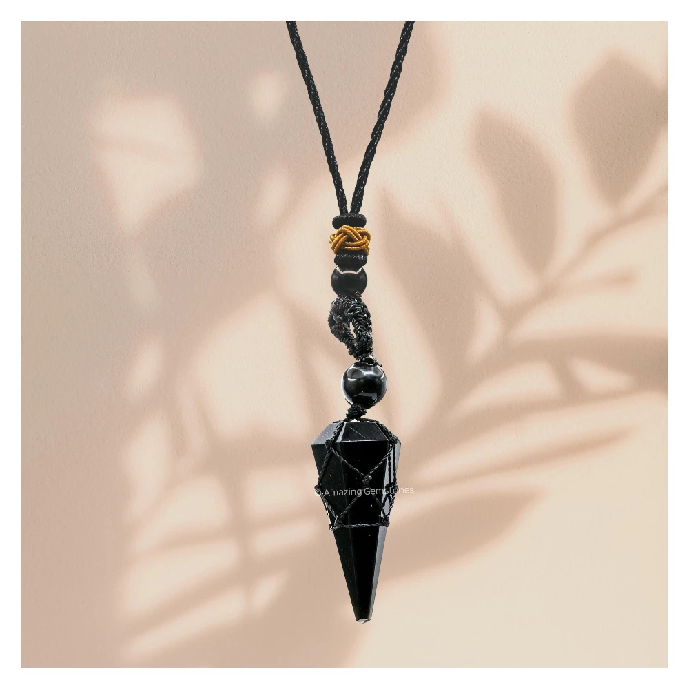 Black Obsidian Pendulum Pendant Necklace (Macrame)