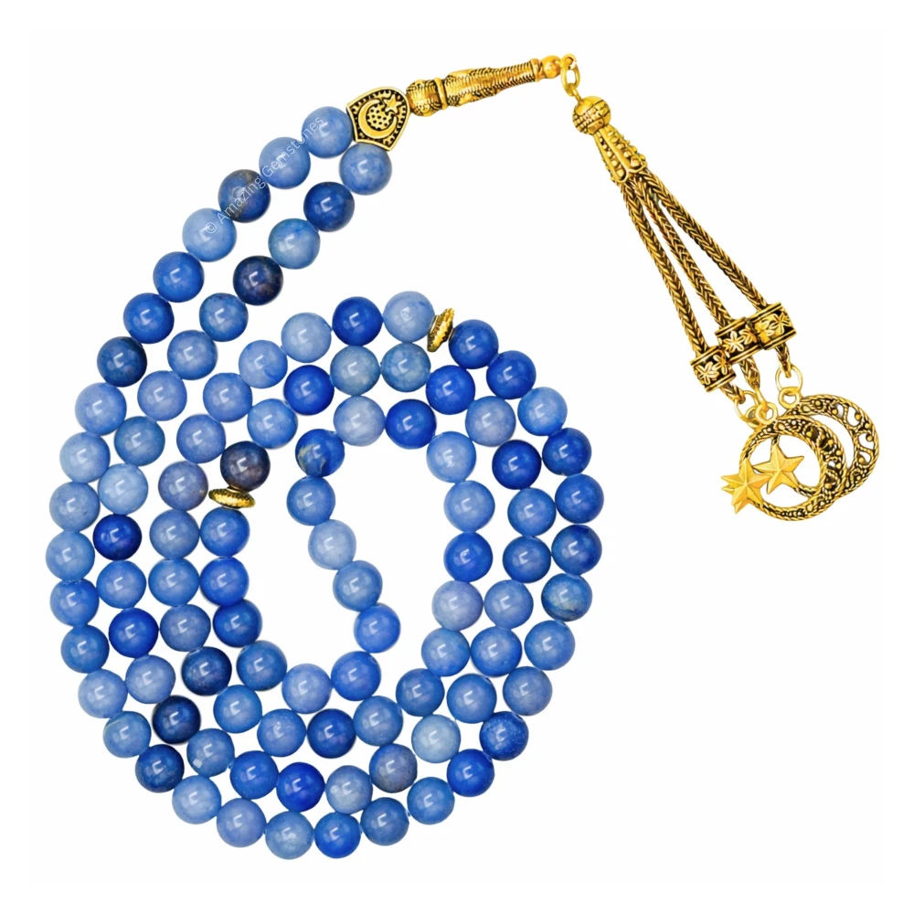 Blue Aventurine Crystal Tasbeeh Sibha Prayer Beads (Gold)