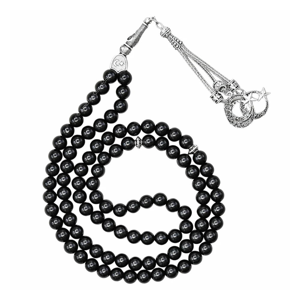 Black Obsidian Crystal Tasbeeh Sibha Prayer Beads (Silver)