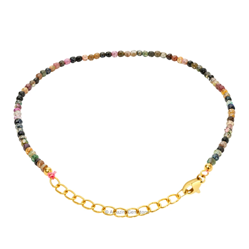 Multi Tourmaline Crystal Bracelet - 2mm Faceted Bead (Gold)